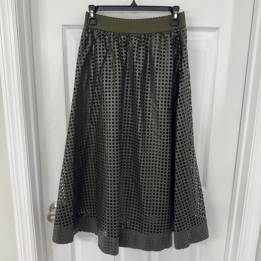 Beulah Style Olive Green Perforated Laser Cut Faux Leather Midi Skirt Small